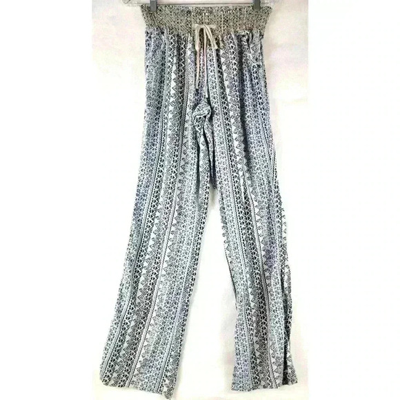 REWASH Waist Wide Leg Pants Blue White Geometric Chambray Linen Blend Smocked M - Picture 1 of 10